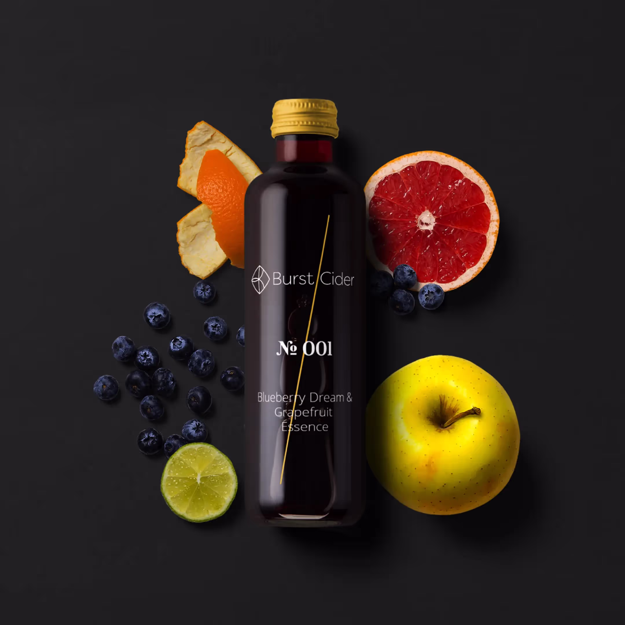  A bottle of Burst Cider surrounded by sliced fruit including apple, grapefruit, lime, orange, and pineapple with scattered blueberries on a black background.