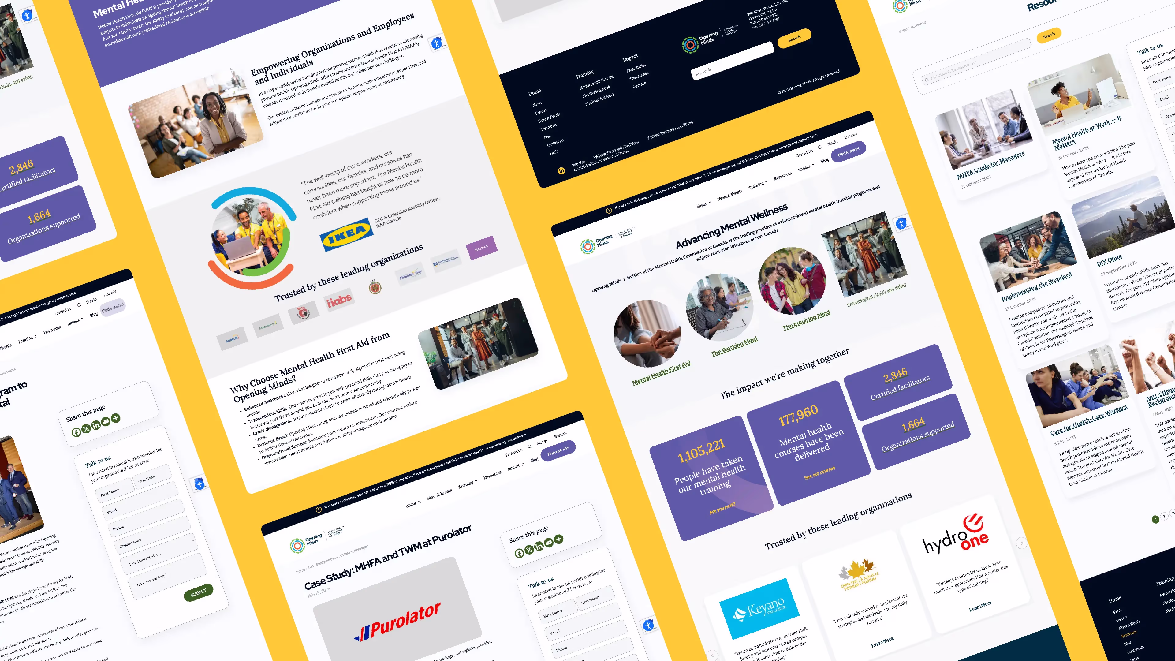 A series of screenshots of different pages of Opening Minds website. The pages are shown in a grid.