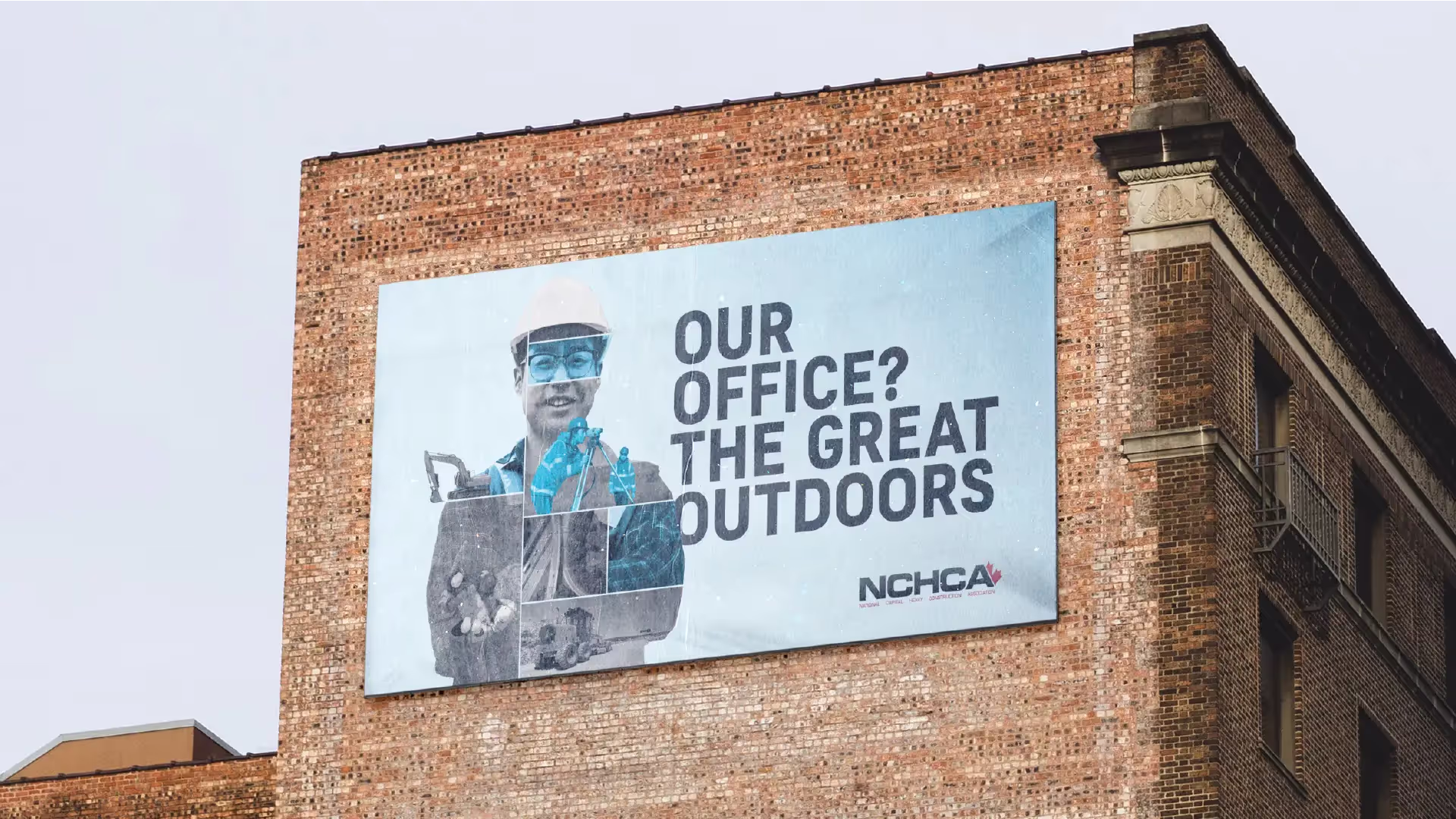 a recruitment ad for National Capital Heavy Construction Association. The headline reads Building your future, while the image is of a mixed race male construction worker, but overlayed in a grid are various construction jobs and jobsites to denote the diversity and variety available.