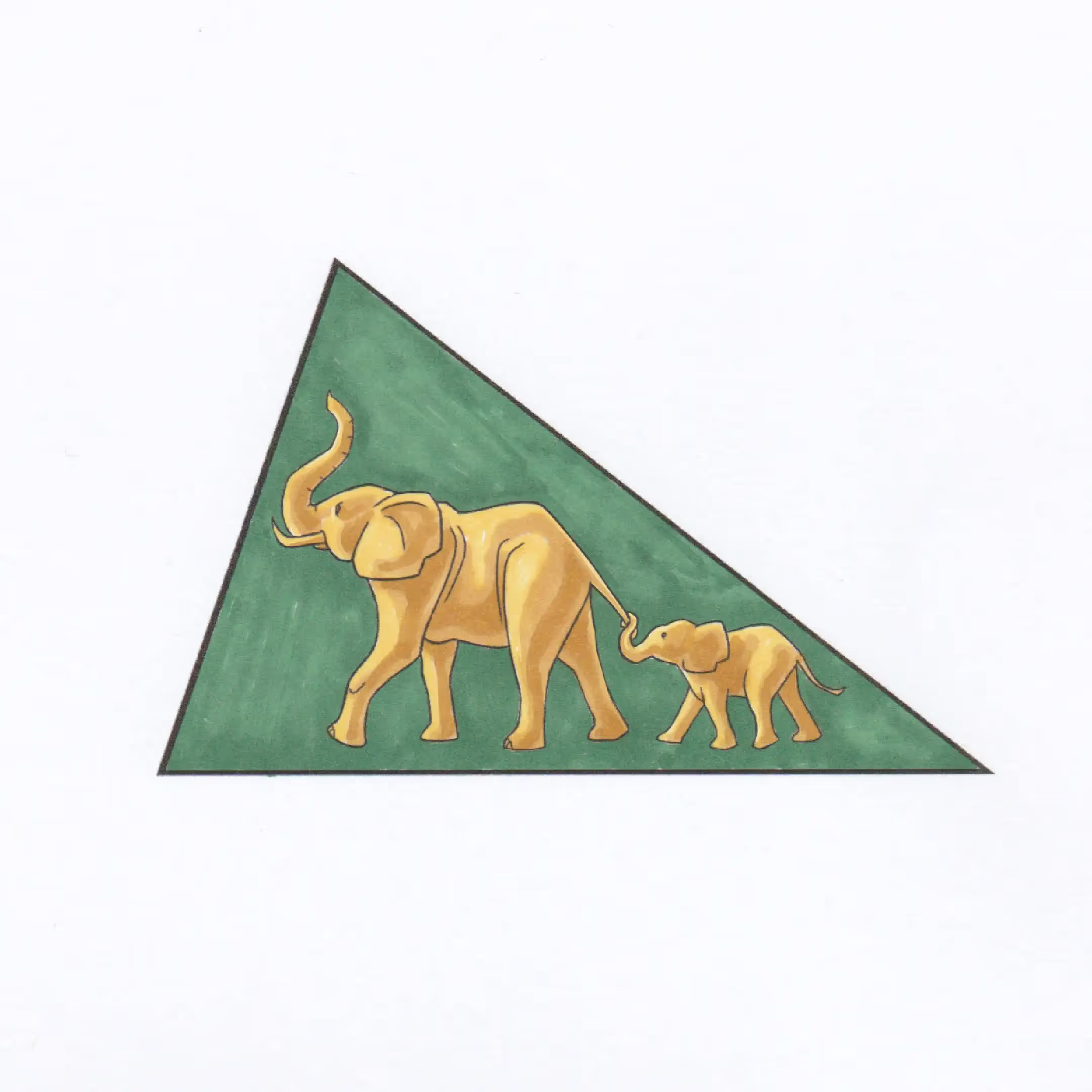 Scharf Family badge made  of a green triangle with a mom elephant leading her baby set in yellow.