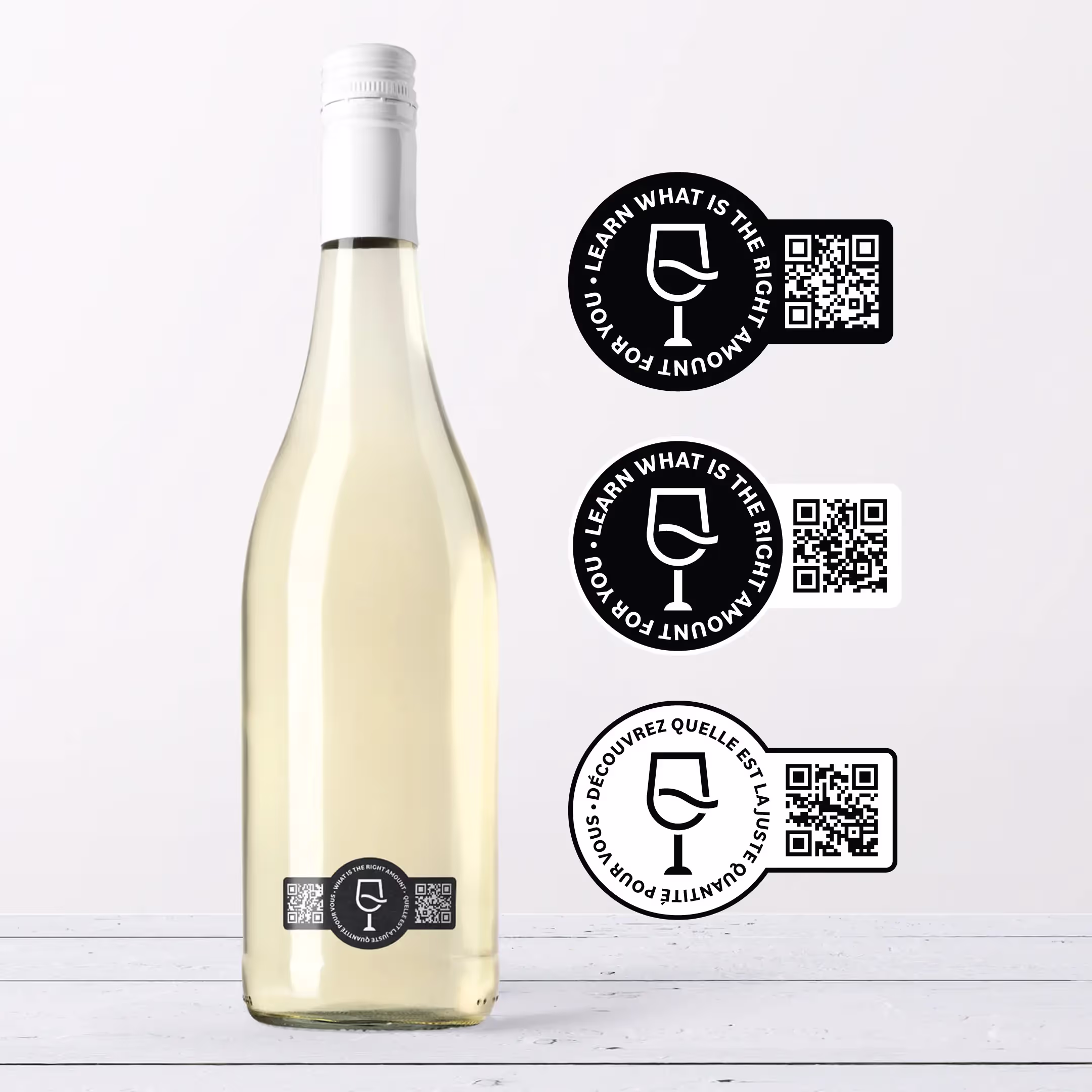 Showcasing various styles of small sticker for winemakers to place on wine bottles to send people to the standard drink calculator webpage